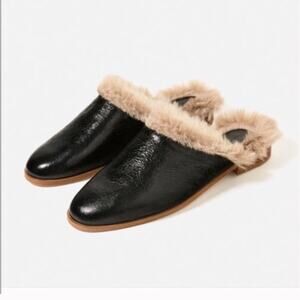 Zara Black Leather Slide Slippers Faux Fur Lining 6.5